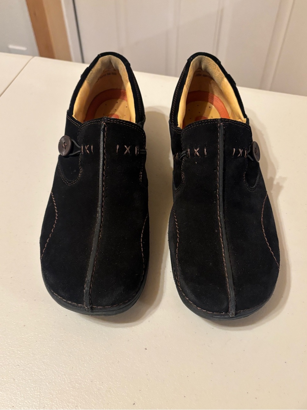 Unstructured by Clarks Black Suede Women's Slip-On Loafers with Button Accent 10